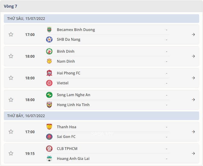 Lịch thi đấu vòng 7 V-League 2022.